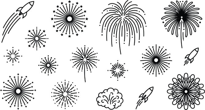 Fireworks and rocket launch icons set for celebration events.