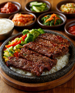 Korean BBQ LA Galbi Grilled Beef Short Ribs on Sizzling Stone Plate with Rice and Broccoli