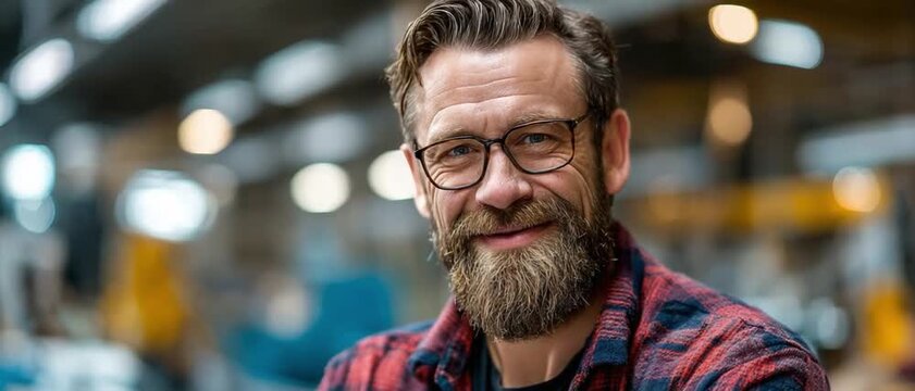 Rugged Artisan: A man with a distinctive beard and glasses, wearing a plaid shirt, looks directly at the camera with a confident and friendly smile. The background shows a blurred industrial setting.