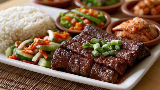 Grilled LA Galbi Korean BBQ Beef Short Ribs with Rice and Kimchi Banchan Sides