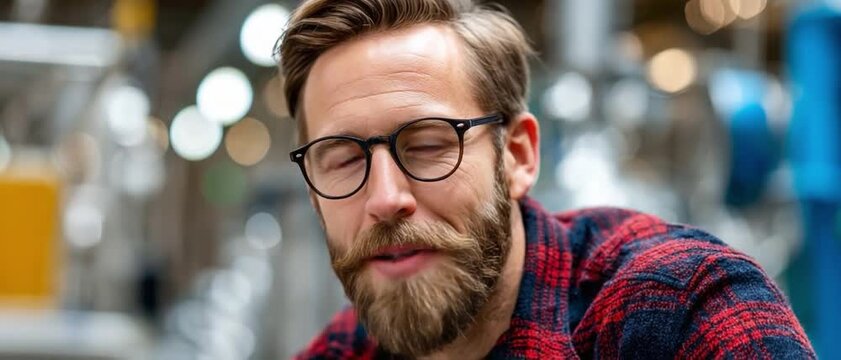 Focused Worker with Beard and Glasses: A thoughtful man with a full beard and glasses, wearing a plaid shirt, appears deep in concentration in an industrial setting. His eyes are closed.