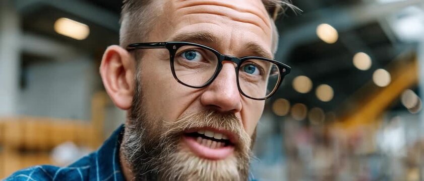 A Man Wearing Glasses and Beard: Close-up portrait of a middle-aged man with a neatly trimmed beard and glasses, looking intently at the viewer.