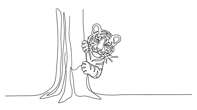 Continuous single line drawing of a curious tiger cub looking out from behind a large tree trunk with continuous