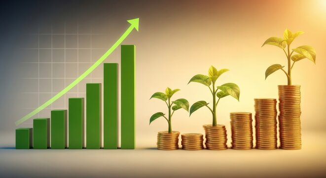 Conceptual illustration of financial growth and sustainable investment with rising bar charts and gold coins
