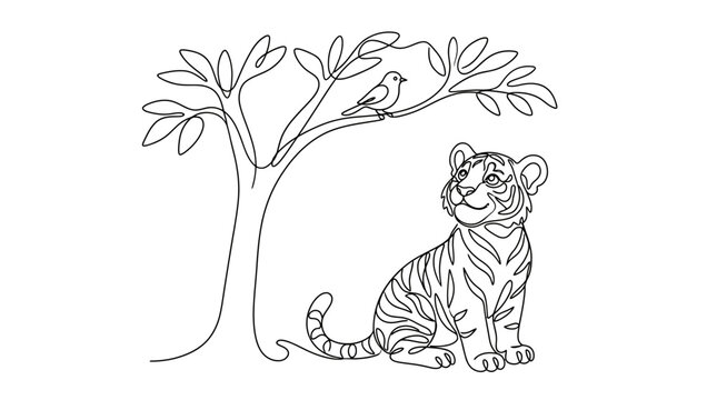 Continuous one line drawing of a tiger cub sitting under a tree with a bird minimalist continuous illustration
