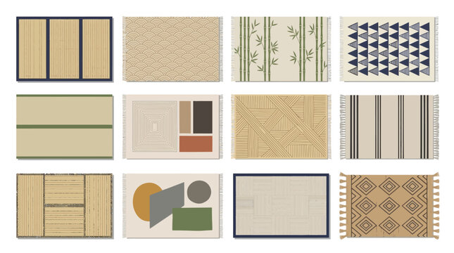 Collection of decorative area rugs featuring minimalist geometric and organic japanese inspired patterns with traditional textile textures
