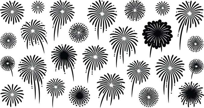 Dense collection of firework sparklers and burst patterns in black.
