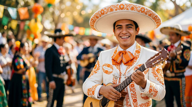Smiling Mexican mariachi musician in traditional white charro suit playing guitar, ideal for cultural festivals, tourism campaigns and travel blogs