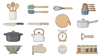 Set of various kitchen utensils and cooking tools in minimalist scandinavian style illustration design with displays collection hand drawn kitchen equipment © Hala