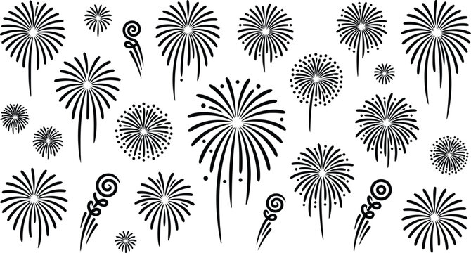 Set of silhouettes of fireworks, firecrackers, and petards isolated on transparent background.