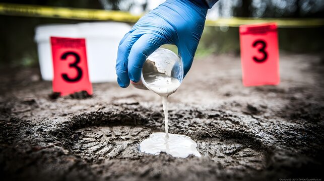 Forensic investigator collecting evidence at a crime scene with numbered markers and yellow tape