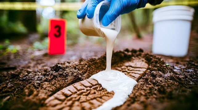 Forensic investigator pouring casting material into a shoe print in the dirt at a crime scene