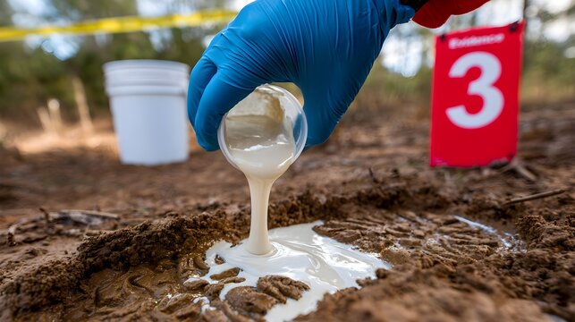 Forensic investigator collecting evidence sample from muddy ground at crime scene with evidence marker