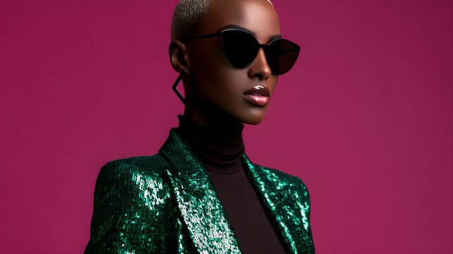 Stylish Black Woman Wearing Green Sequin Jacket and Sunglasses on Pink Background