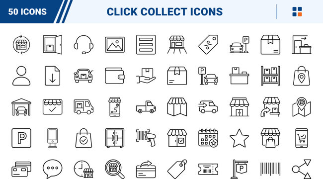 Store pickup line icon set. Vector pictograms of click, and, collect, and curbside elements, thin linear illustration.