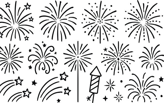 Set of black hand drawn fireworks doodles stars and firecracker on transparent background.