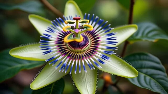Close up of exotic passion flower blooming in tropical summer garden