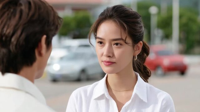 Portrait of a Woman with a Thoughtful Gaze: A young woman with dark hair tied back in a ponytail, wearing a crisp white collared shirt, looks thoughtfully towards someone out of frame.