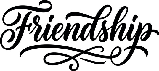 Elegant black ink calligraphy typography design of the word friendship featuring artistic flourishes isolated on a white background © MohammadNazrul