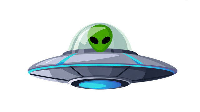 Alien with green skin in a flying saucer with blue lights science fiction alien spacecraft space travel sci fi extraterrestrial life flying disc