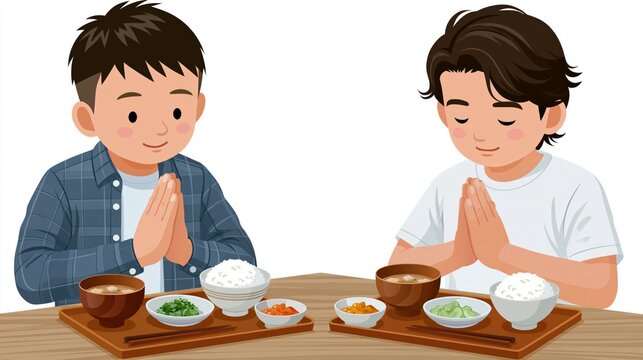 Young boys showing gratitude, saying itadakimasu before eating japanese food