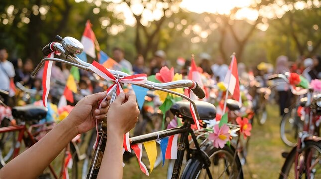 Hands decorating bicycle for Independence Day parade.