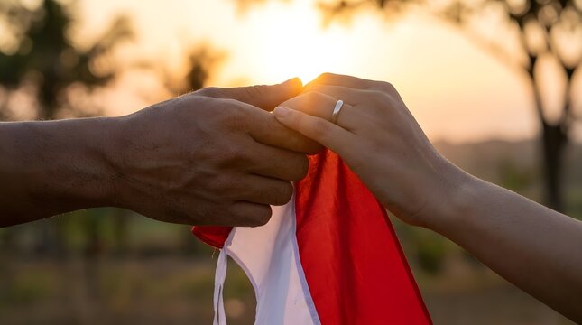 Hands holding Indonesian flag during golden hour sunset.