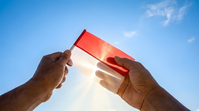 Hands holding Indonesian flag under bright sunlight