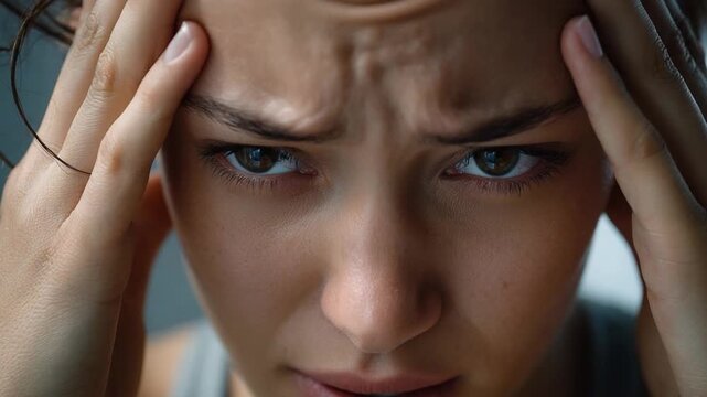 Worried Woman's Intense Gaze: A close-up shot of a young woman with furrowed brow and hands on temples, expressing deep worry and mental strain.
