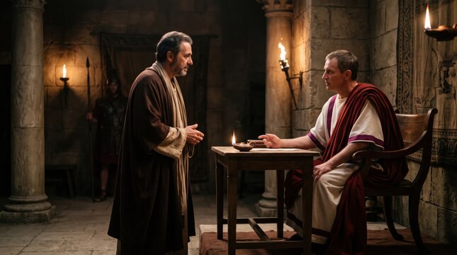 Joseph of Arimathea talking to Pontius Pilate in the governor palace to request the body of Jesus. Biblical scene of a wealthy man and a Roman official. Historical religious drama.