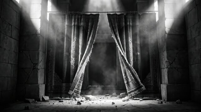 Torn temple veil hanging in an ancient stone building. Symbolic representation of the biblical event with rays of light shining through the ripped curtain. Spiritual easter concept.