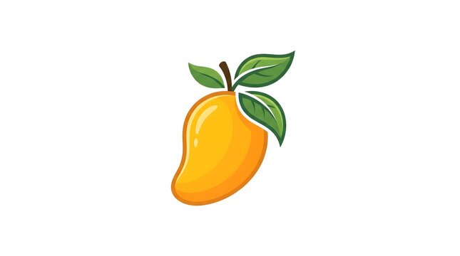 A fresh yellow mango fruit with three green leaves and stem, isolated on a clean white background