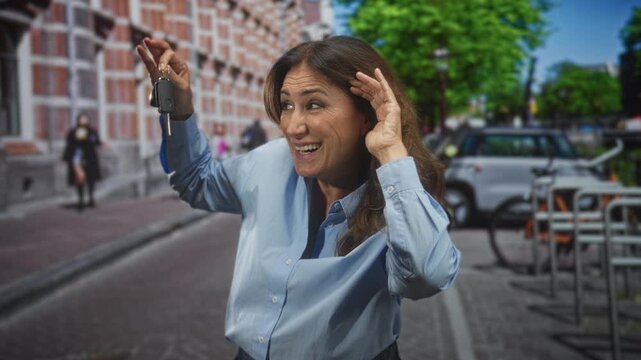 Middle aged hispanic woman holds car keys up and raises hand near her ear, smiling on a city street by a brick building and parked car; joy.