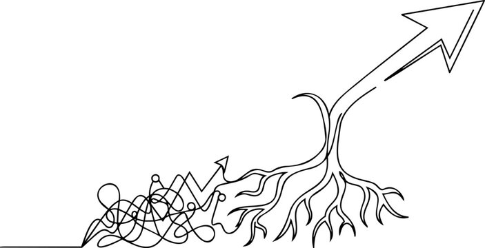 Continuous one line drawing of generic chaos turning into strong roots and upward arrow for business growth concept vector