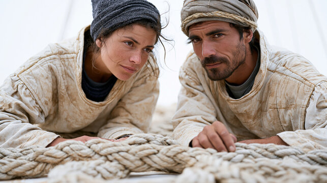 A nautical rigger and partner examining a complex rope splice against a sterile white background, couple dynamic showing quiet focus and shared expertise, sail rigging components