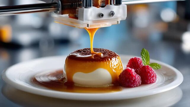 3D Printed Dessert: A gourmet dessert is meticulously crafted and drizzled with caramel sauce by a 3D printer, showcasing the fusion of technology and culinary art.