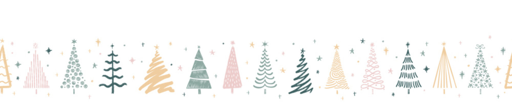 Fun hand drawn seamless pattern with cute Christmas Trees, lovely seasonal background - vector design
