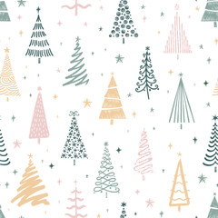 Obraz premium Fun hand drawn seamless pattern with cute Christmas Trees, lovely seasonal background - vector design
