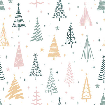 Fun hand drawn seamless pattern with cute Christmas Trees, lovely seasonal background - vector design