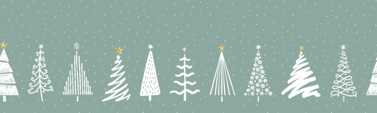 Fun hand drawn seamless pattern with cute Christmas Trees, lovely seasonal background - vector design
