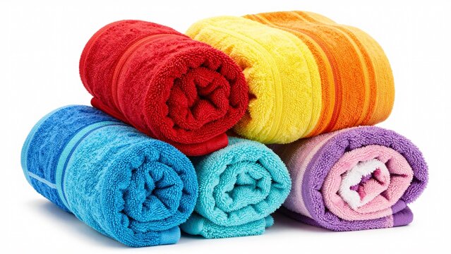 Pile of colorful rolled towels in red blue yellow orange pink purple.