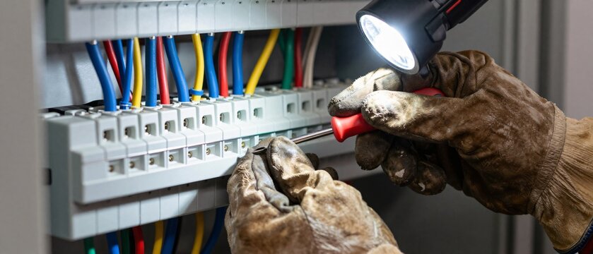 Electrician working with electrical wires inside control panel during professional repair maintenance.