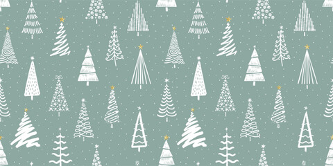 Obraz premium Fun hand drawn seamless pattern with cute Christmas Trees, lovely seasonal background - vector design