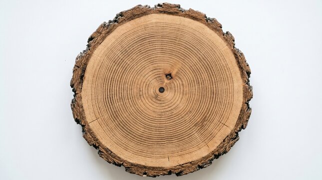 Cross section of large tree trunk shows annual growth rings texture detail on white flat background.