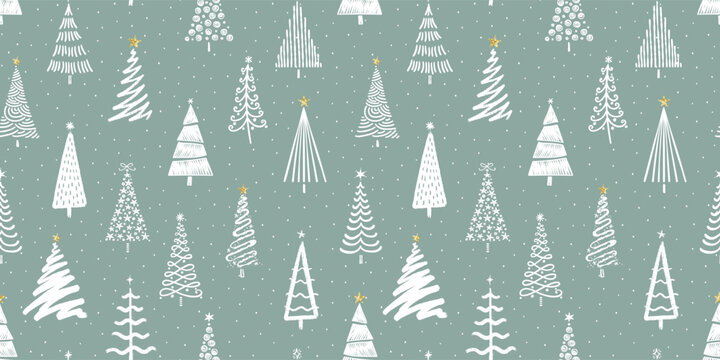 Fun hand drawn seamless pattern with cute Christmas Trees, lovely seasonal background - vector design