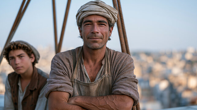 A chimney sweep on a busy urban rooftop, a young apprentice watching over the shoulder, stretch marks on the sweep's forearms visible as rods are lowered, intergenerational trade