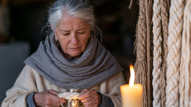 A rope maker works twisted natural fibers around a worn peg by the glow of a candle in a dim workshop, her practiced hands cycling through braiding steps as cord lengths hang