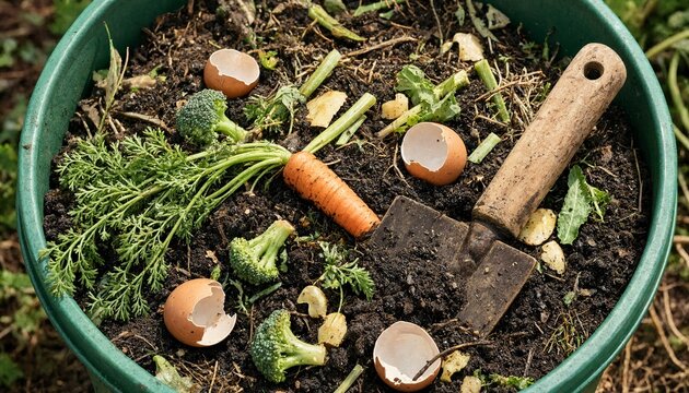Bucket filled with organic compost soil vegetable scraps and garden shovel for sustainable farming.