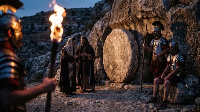 Roman soldiers guarding the stone tomb of Jesus Christ. Biblical scene depicting guards at the entrance of the sepulcher. Historical religious reenactment based on Matthew 27 gospel.
