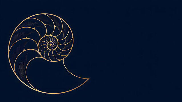 Abstract geometric nautilus shell pattern with golden fibonacci spiral lines on a luxury dark navy blue background, elegant mathematical golden ratio illustration
